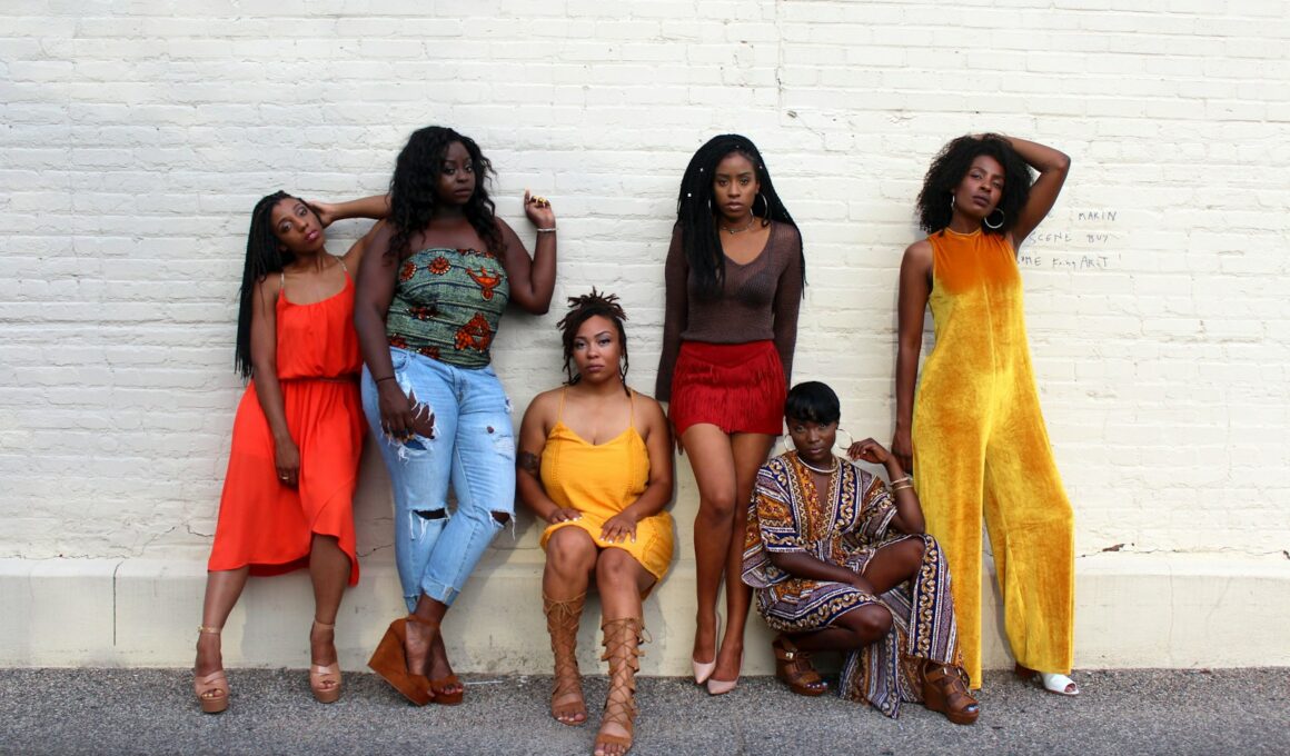 six women leaning on white wall